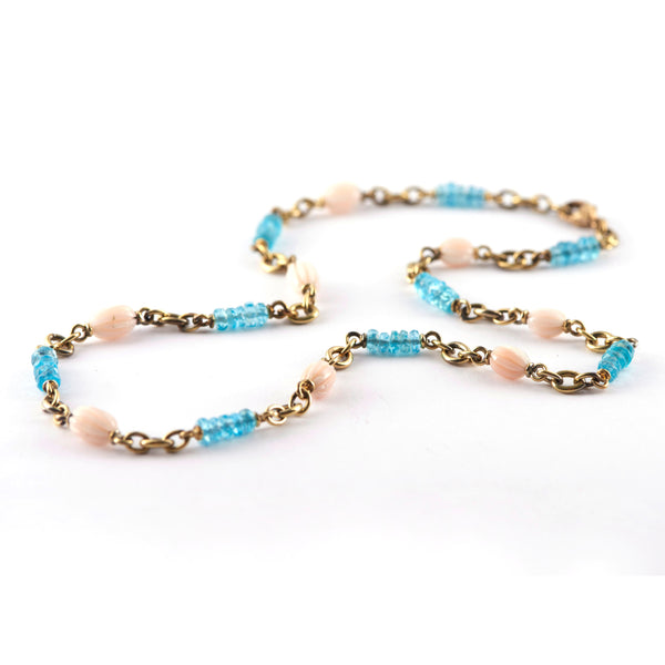 18k yellow gold coral and apatite bead confetti necklace by Sylva & Cie Tiny Gods