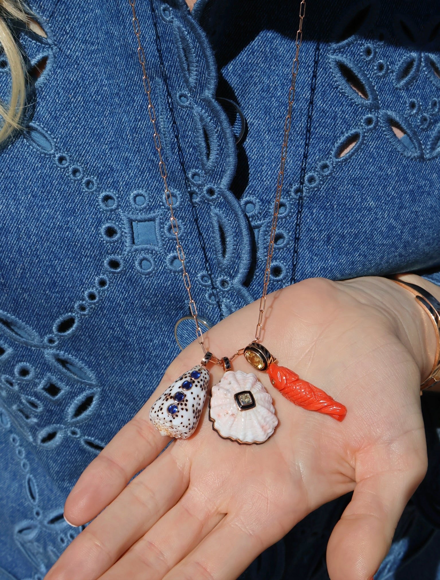 18k rose gold carved coral barnacle pendant with cushion cut diamond with black enamel border charm by Sara Beltran Dezso Tiny Gods 