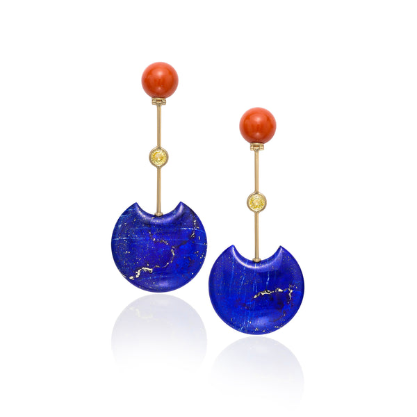 18k yellow gold Lapis & Sardinian Coral Modernist Earrings by Assael at Tiny Gods one of a kind