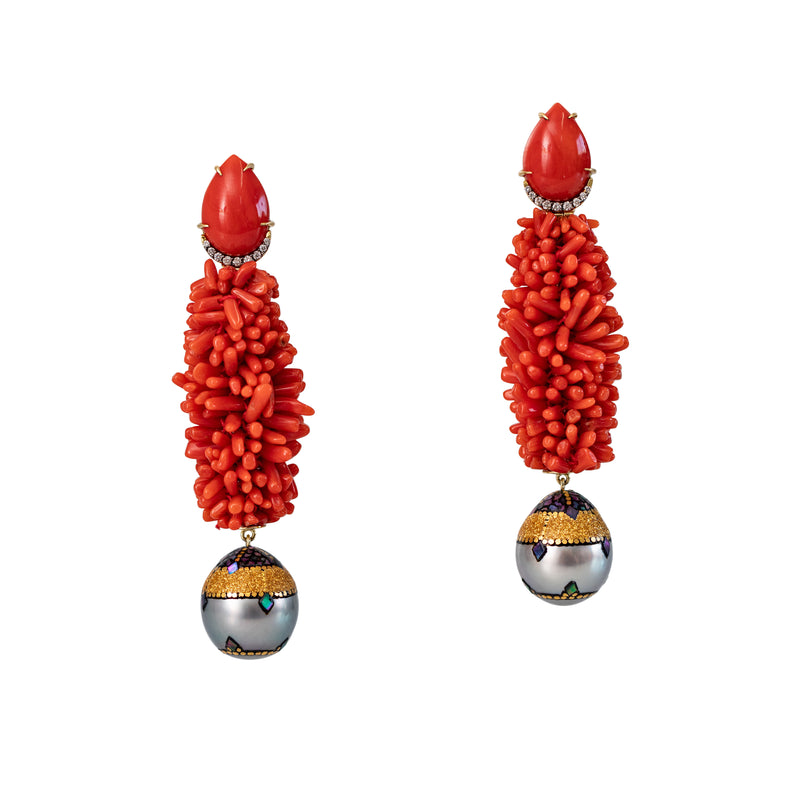 18k yellow gold spiky coral micro mosaic grey pearl earrings with diamonds by Silvia Furmanovich Tiny Gods