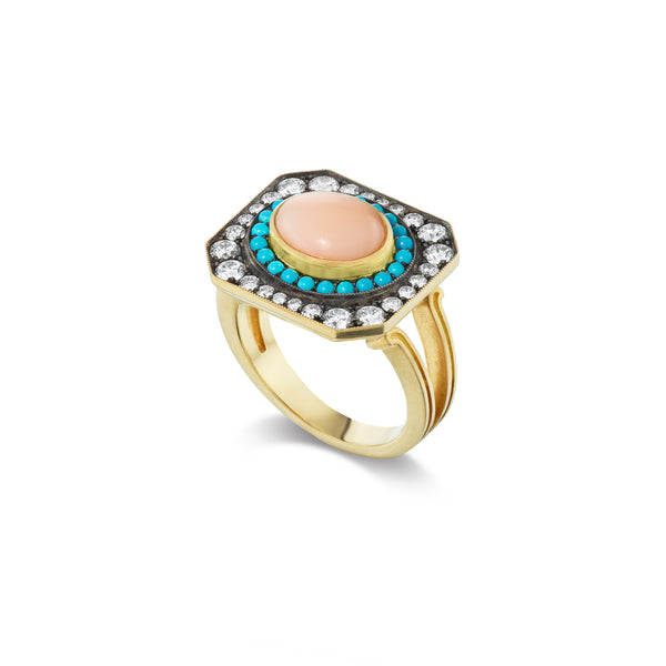 18k yellow gold Japanese coral, turquoise and diamond renee ring by Sylva & Tie Tiny gods