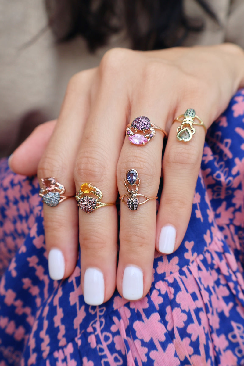 18k rose gold baby crab cosquilleo ring with blue sapphires and tourmaline by Daniela Villegas Tiny Gods