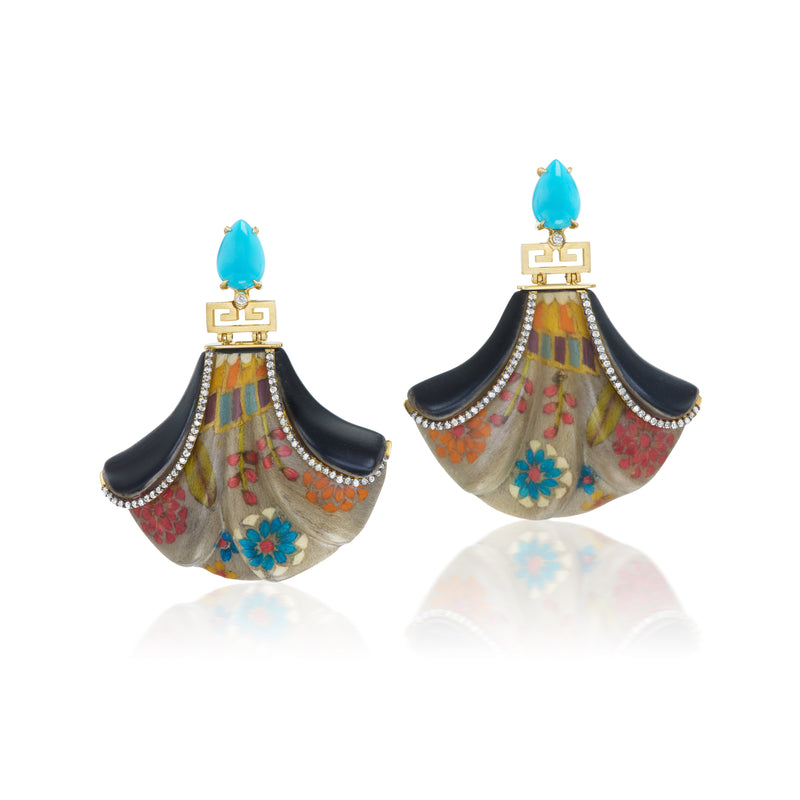 18k yellow gold turquoise diamond curtain marquetry earrings by Silvia Furmanovich Tiny Gods