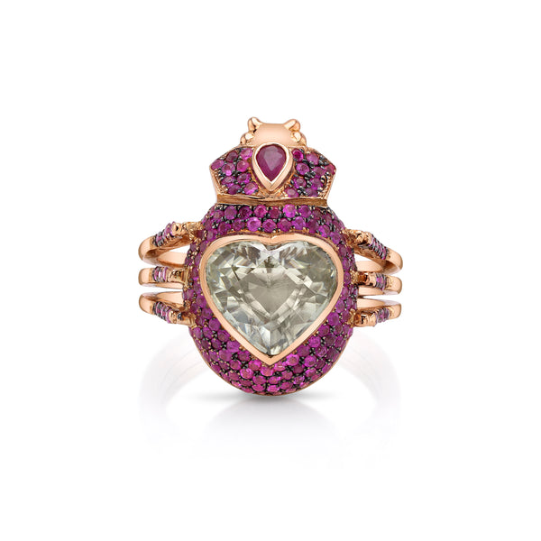 18k rose pink gold heart zircon ruby beetle ring by Daniela Villegas one of a kind trunk show at tiny gods