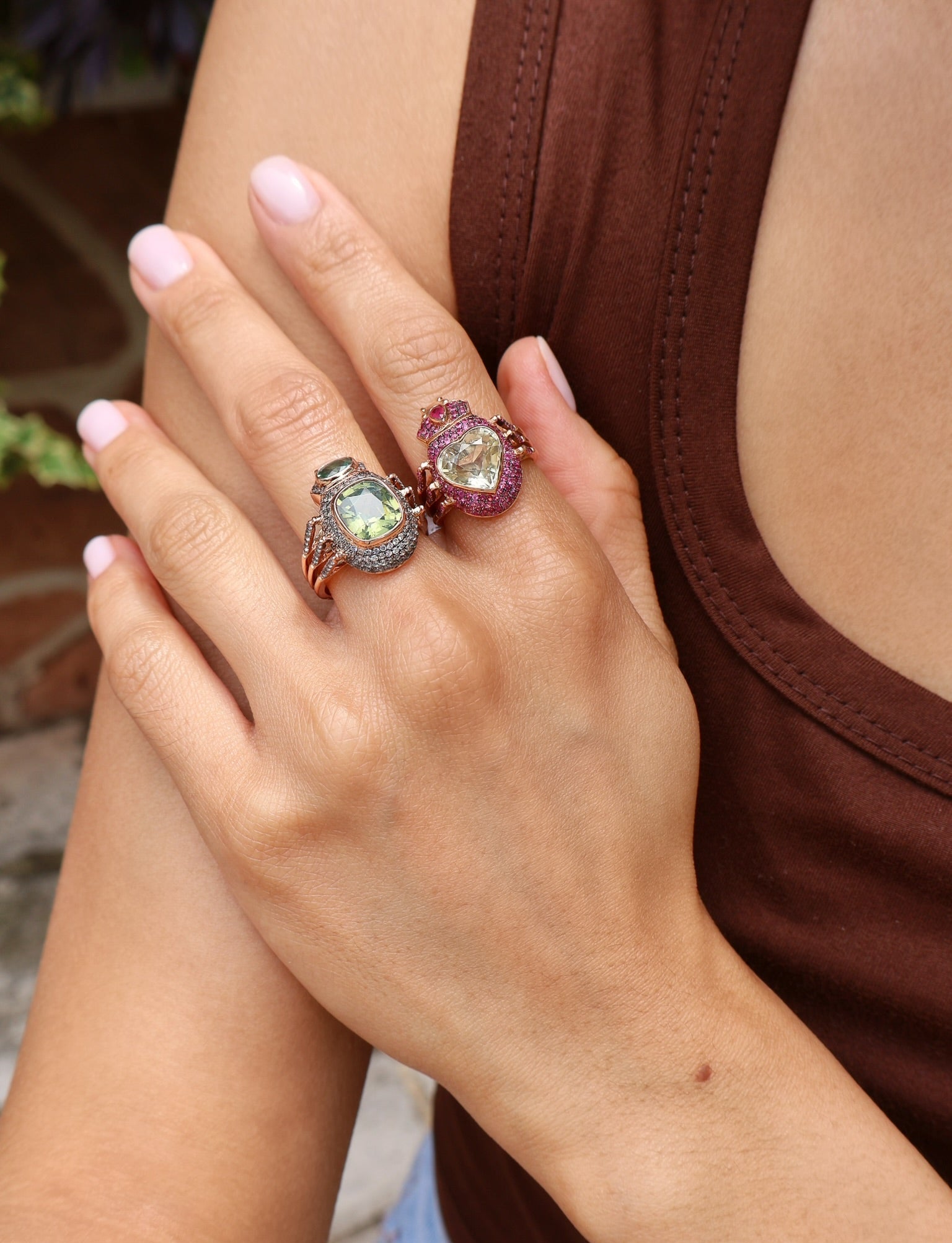 18k yellow gold green zircon, green sapphire and color changing sapphires hapi beetle bug ring by Daniela Villegas Tiny Gods 