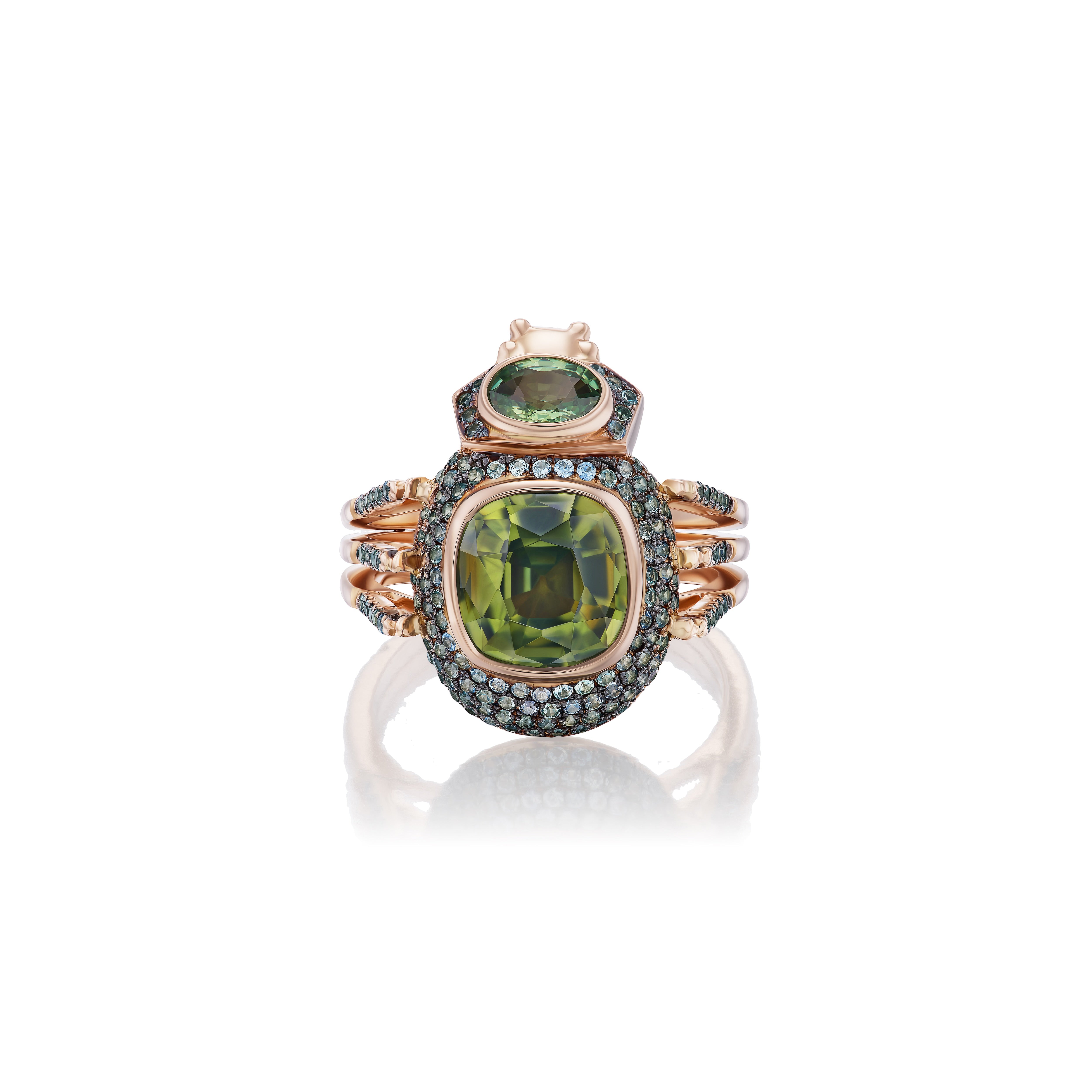 18k yellow gold green zircon, green sapphire and color changing sapphires hapi beetle bug ring by Daniela Villegas Tiny Gods 