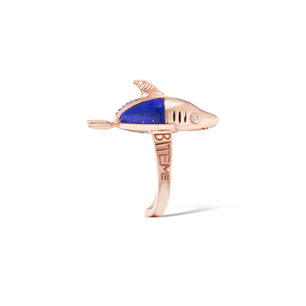 18k rose gold blue lapis diamond shark ring with eat me and bite me on shank by Daniela Villegas Tiny Gods