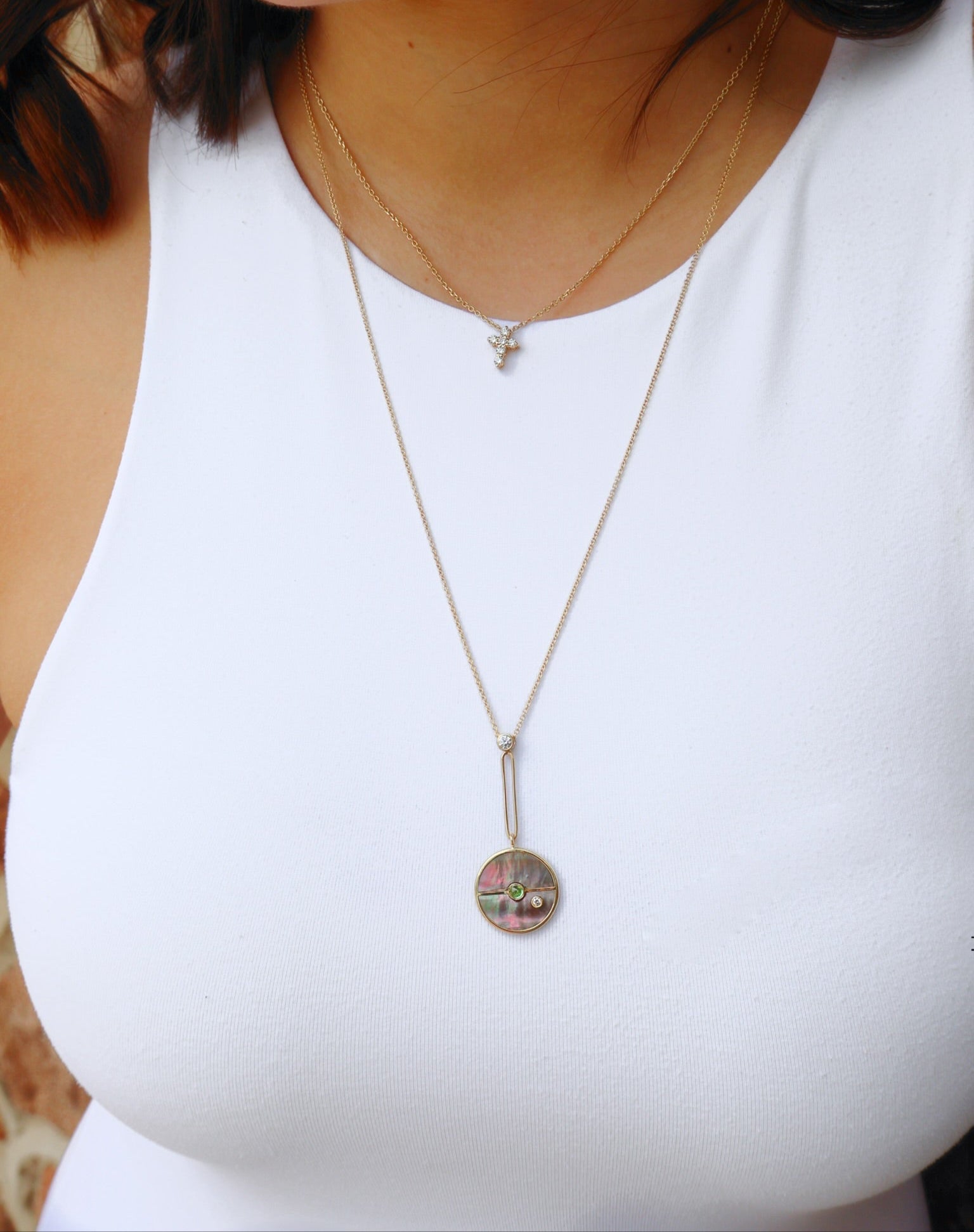 14k yellow gold dark mother of pearl and diamond signature drop diamond compass pendant by retrouvai Tiny Gods 