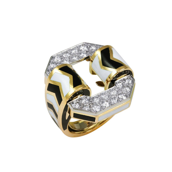 18k small yellow gold and platinum diamond chevron ring with white and black enamel by David Webb Tiny Gods
