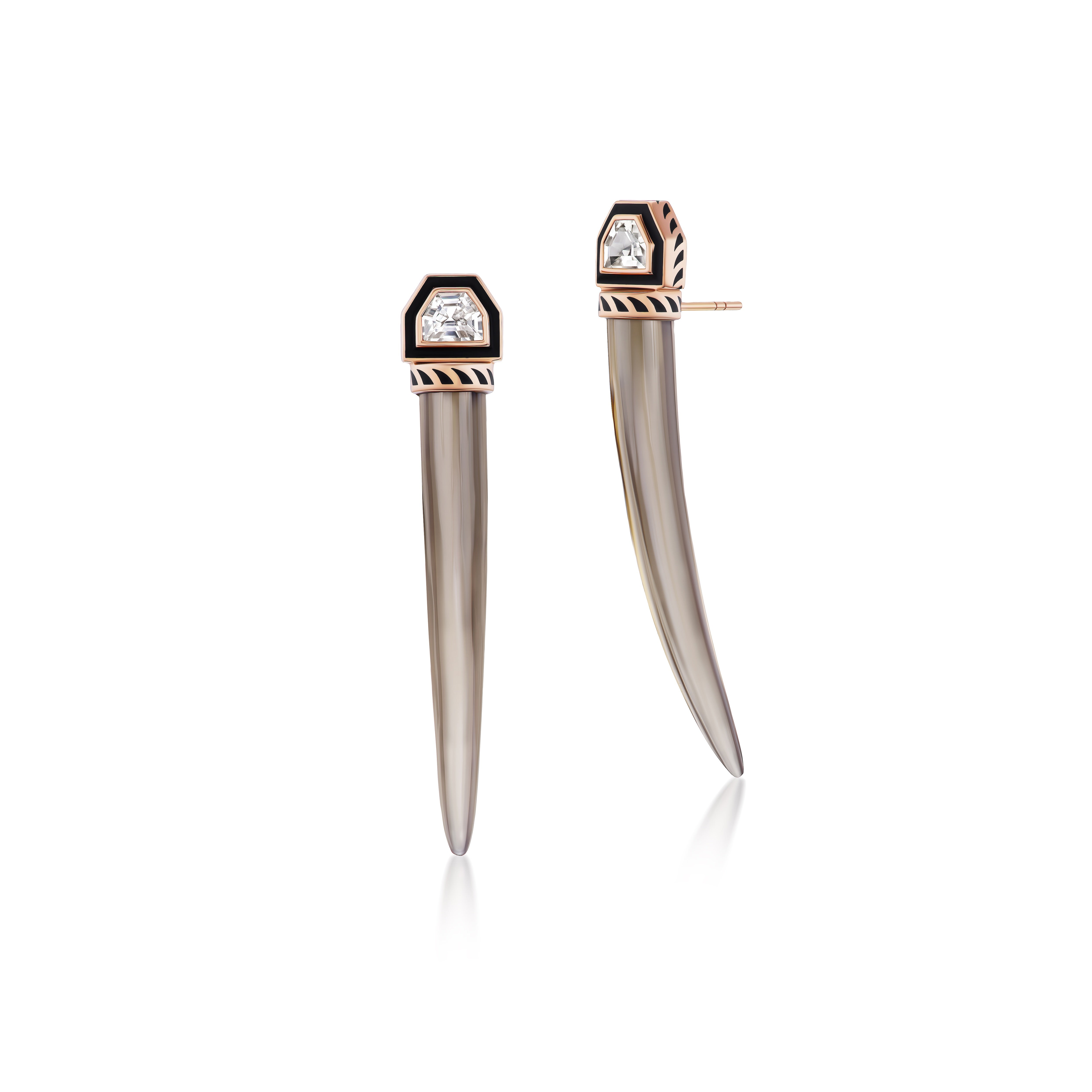 18k rose gold smokey quartz tusk earrings with sapphires black enamel and shark fin detail by Sara Beltran Dezso Tiny Gods 