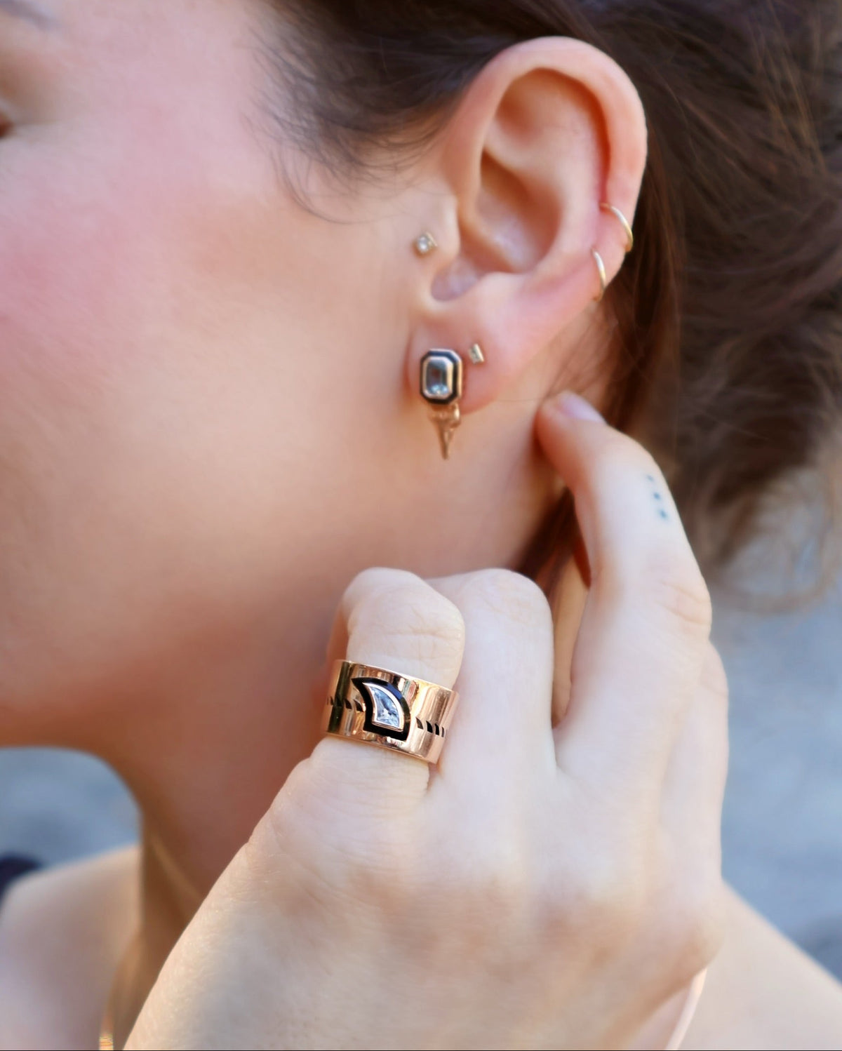 18k rose gold diamond shark fin cigar pinky ring with black enamel tapered ring by Dezso Tiny Gods