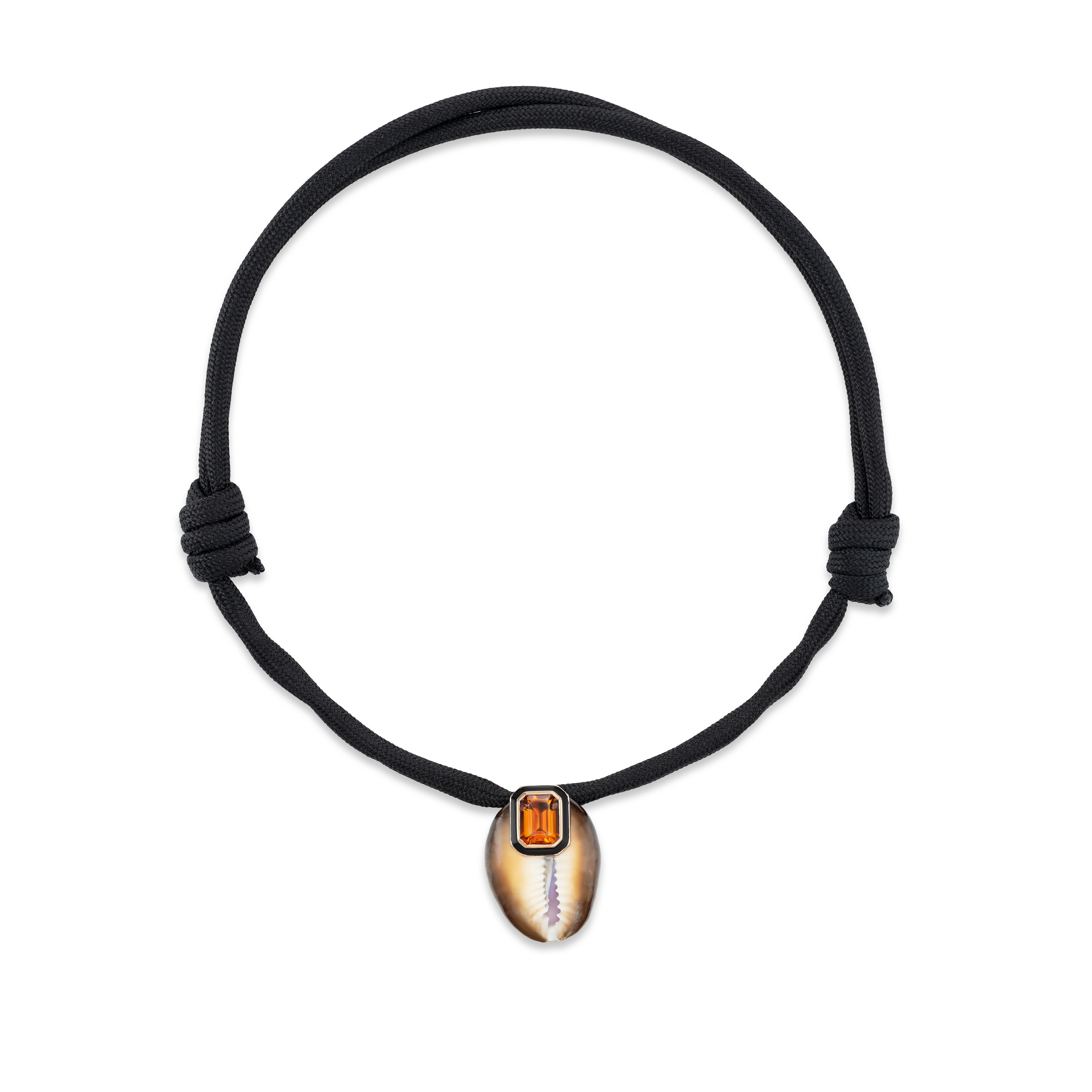 Cowry Shell with Citrine Necklace on black paracord by Sara Beltran Dezso at Tiny Gods