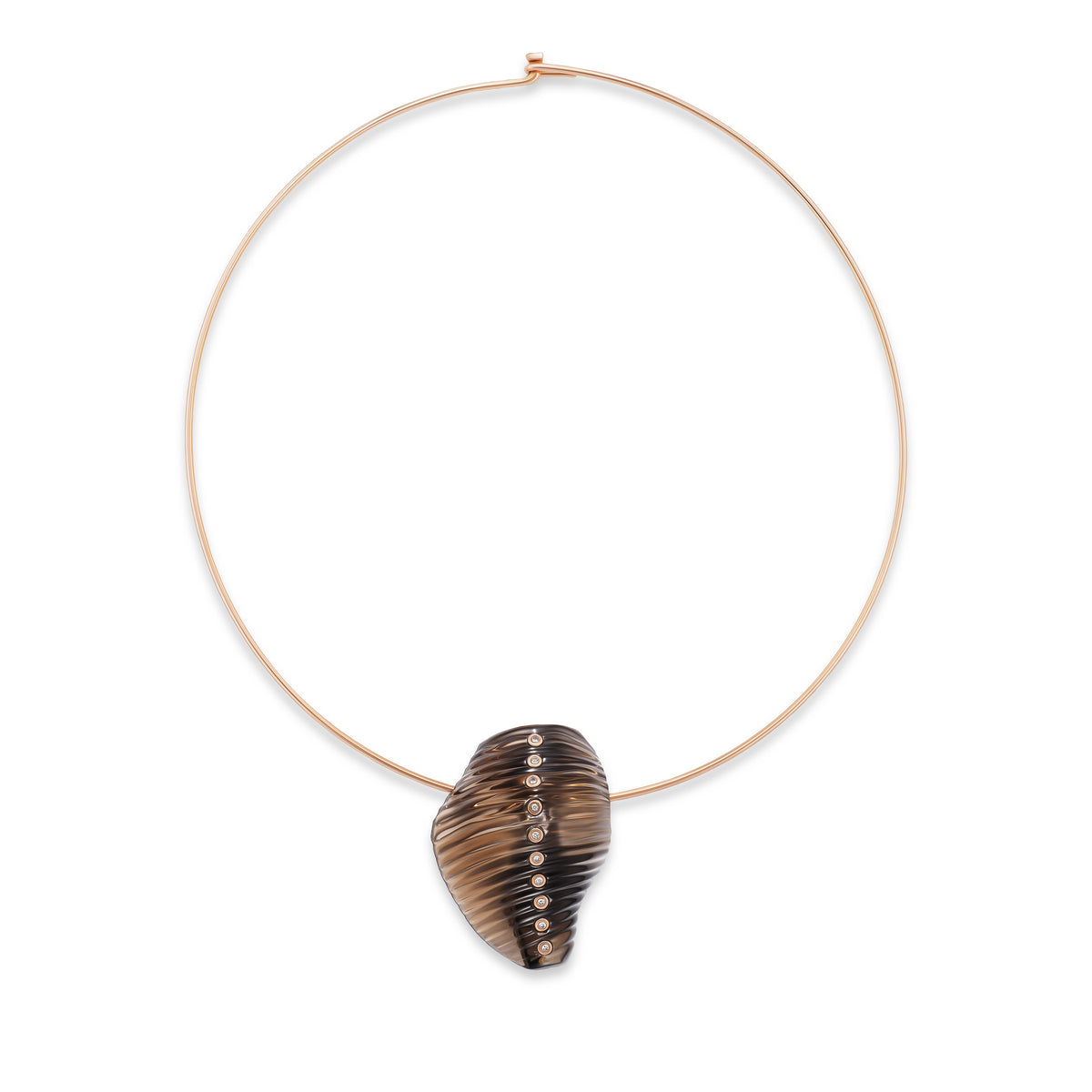 18k rose gold diamond encrusted carved smoky quartz nautilus shell charm pendant on wave wire collar necklace by Dezso Tiny Gods