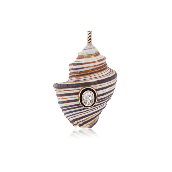 18k rose gold natural spiral shell with sillimanite and black enamel charm pendant by Dezso Sara Beltran Tiny Gods