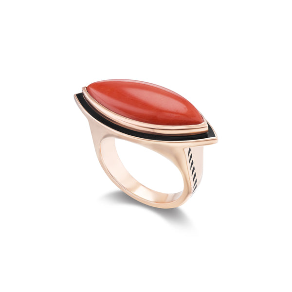 Coral Marquis Ring with Black Enamel dezso by Sara Beltran at tiny gods Mediterranean Sardinian coral 