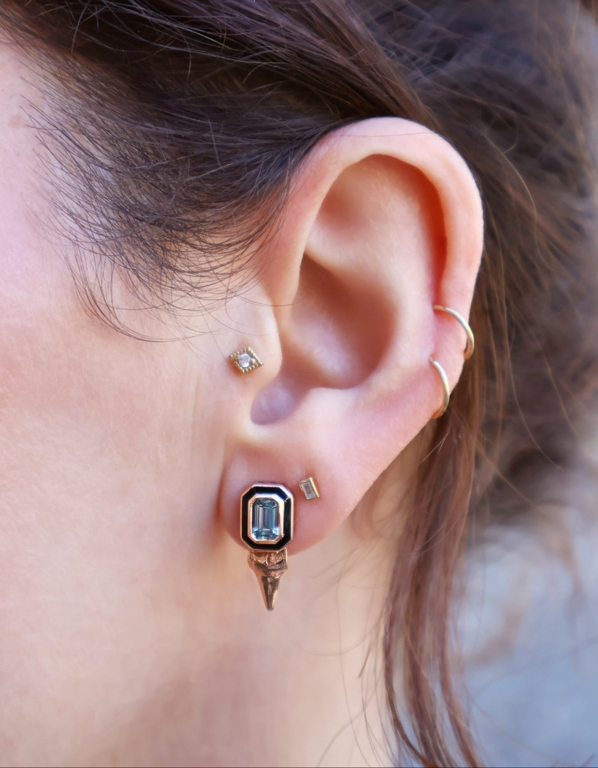 18k rose gold emerald cut white sapphire black enamel border shark teeth stud earrings by Dezso Tiny Gods 