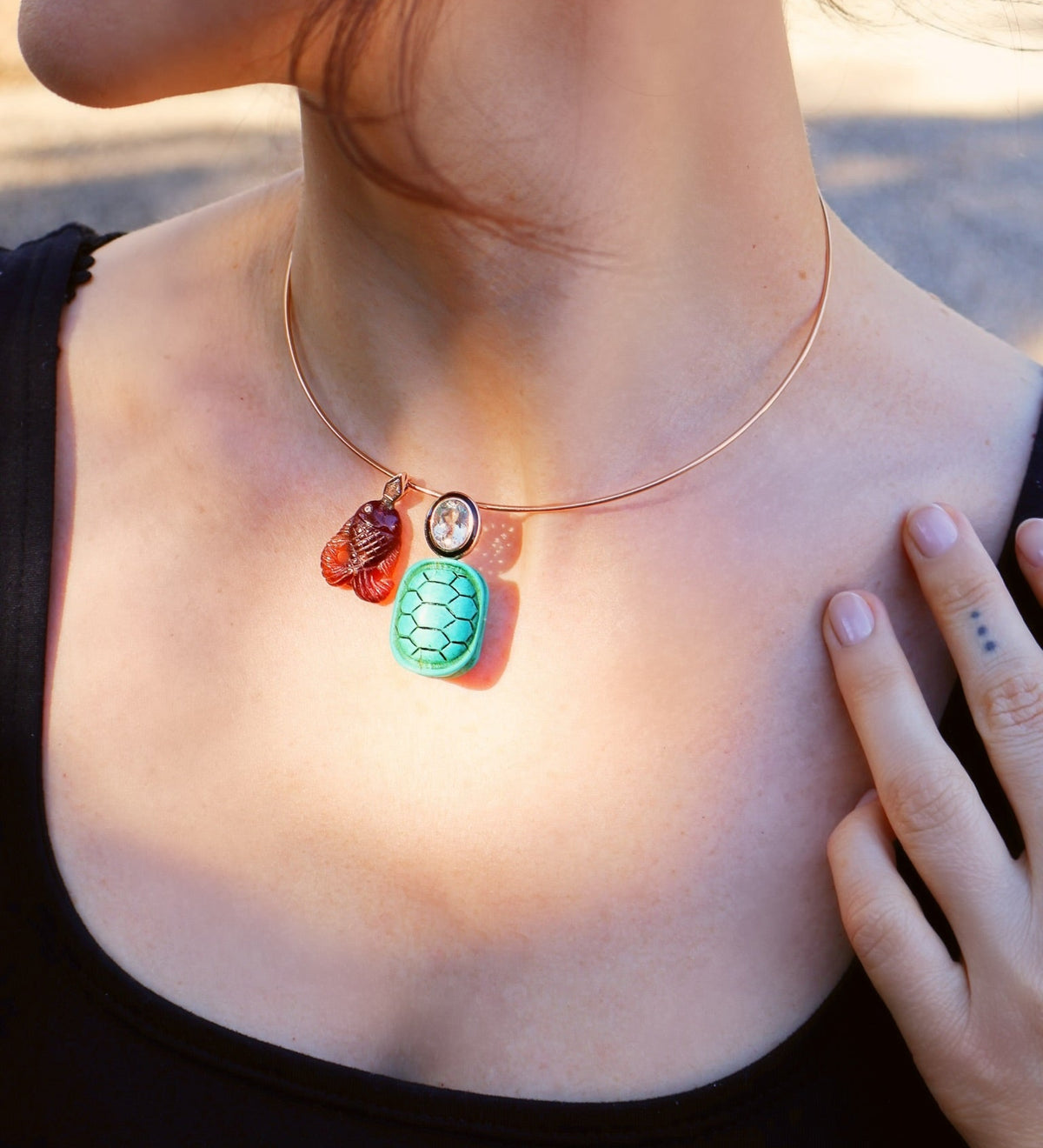18k rose gold carved turquoise turtle shell pendant with diamond sillimanite oval pendant by Dezso Tiny Gods 