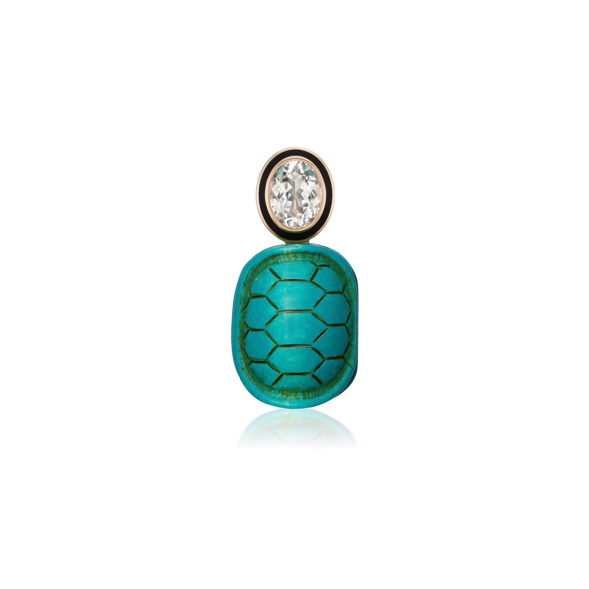 18k rose gold carved turquoise turtle shell pendant with diamond sillimanite oval pendant by Dezso Tiny Gods 