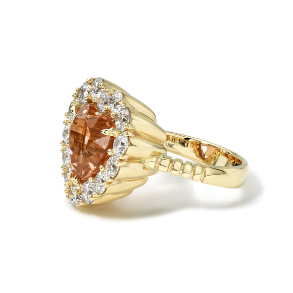 18k yellow gold Heart Peach Tourmaline and halo Diamond Heirloom Bezel Ring by retrouvai one of a kind at tiny gods