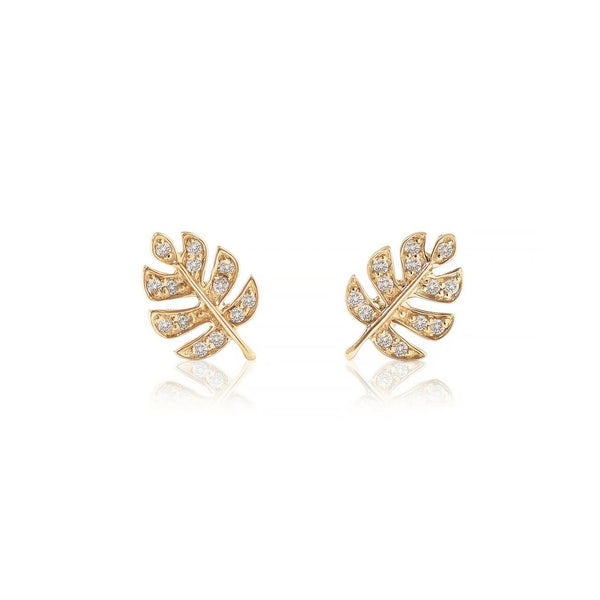 14k yellow gold diamond pave monstera leaf stud earrings Tiny Gods