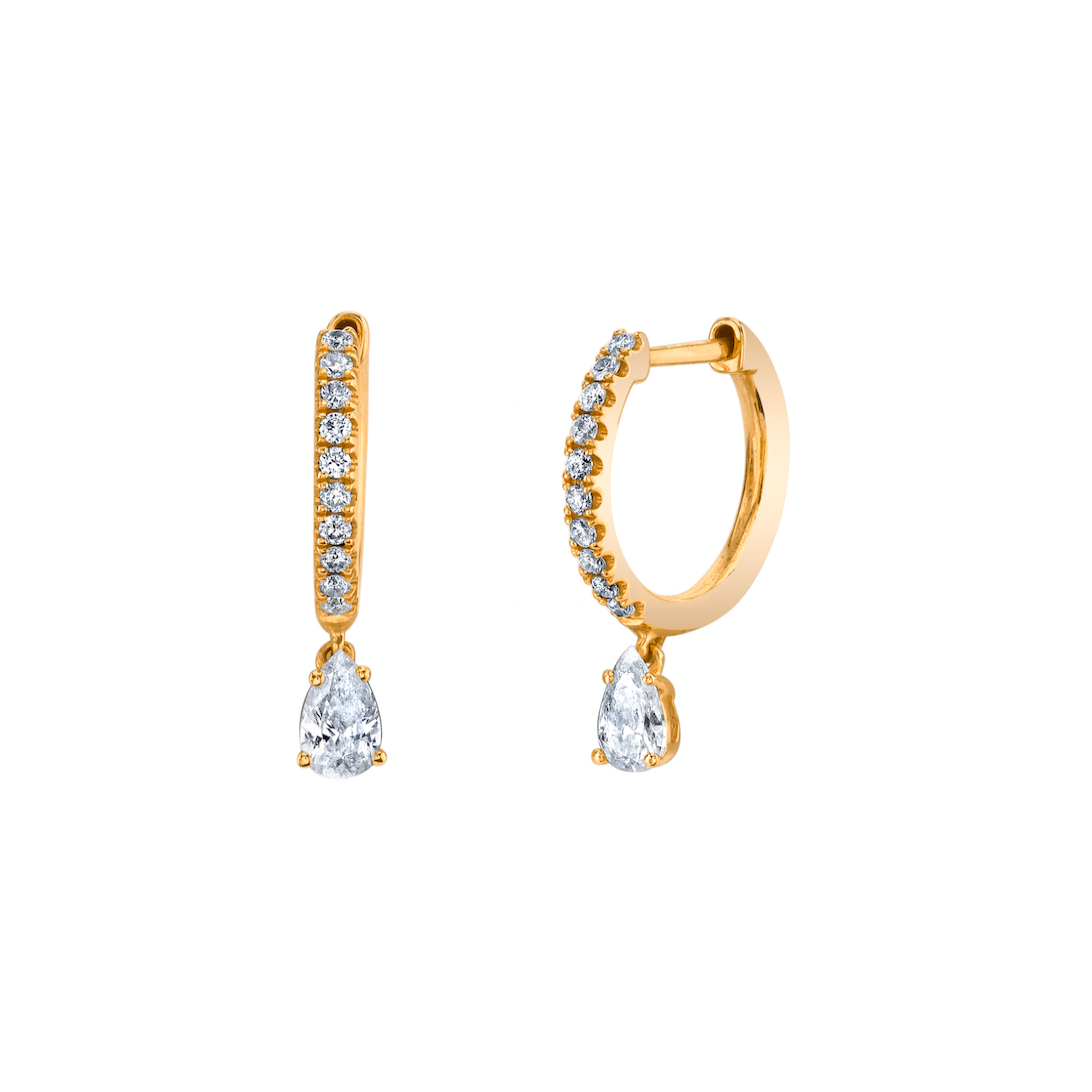 18k yellow gold diamond pave Huggies with diamond pear drop by Anita Ko Tiny Gods