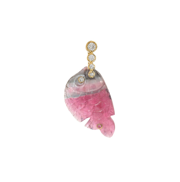 Diamond pink tourmaline fish pendant charm by Violette Joaillerie Tiny Gods