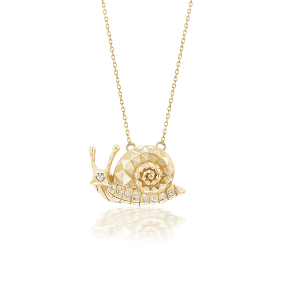 18k yellow gold and diamond mini snail pendant by Harwell Godfrey Tiny Gods