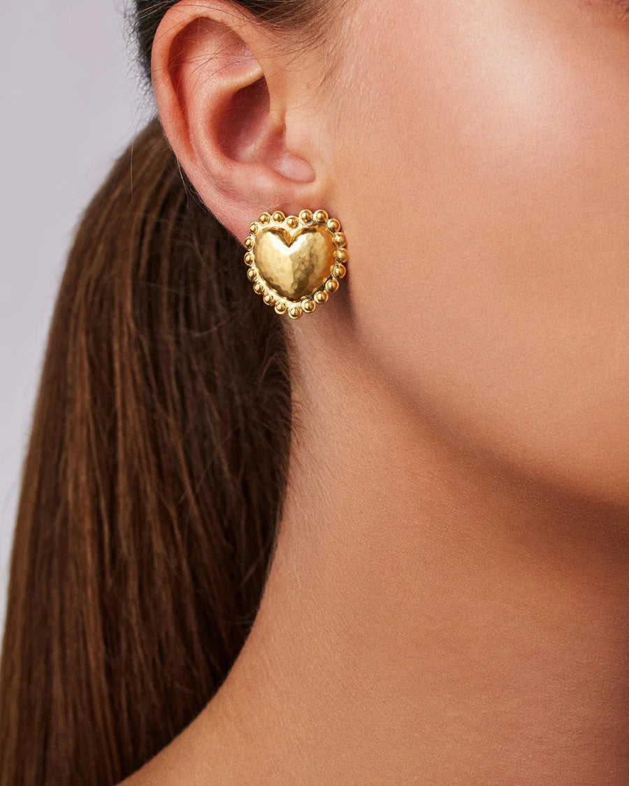 18k yellow gold small dot heart stud earrings by Christina Alexiou Tiny Gods 