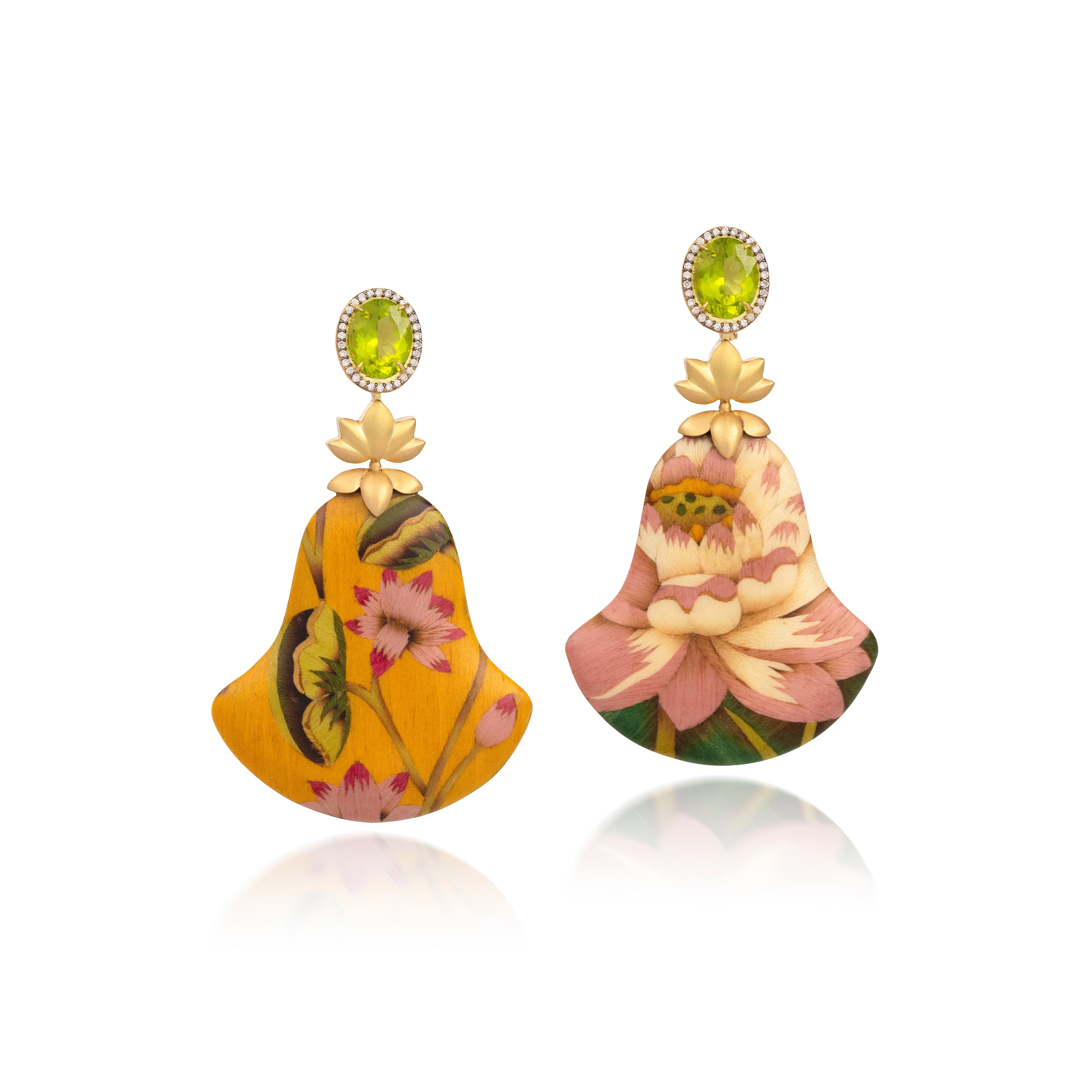18k yellow gold diamond and peridot Double Faced Lotus Flower Marquetry Earrings by Silvia Furmanovich