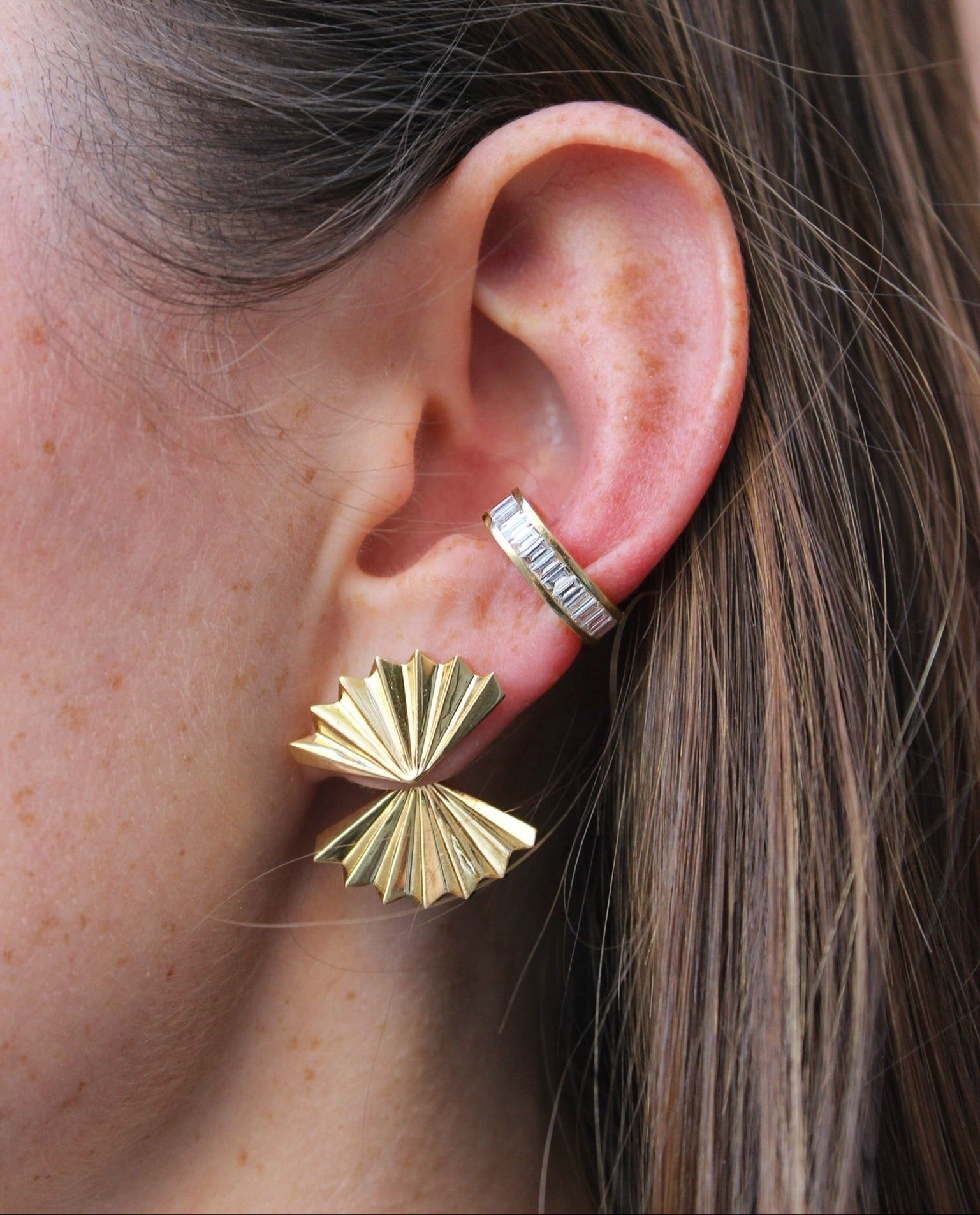 18k yellow gold double fan earring by Anita Ko Tiny Gods