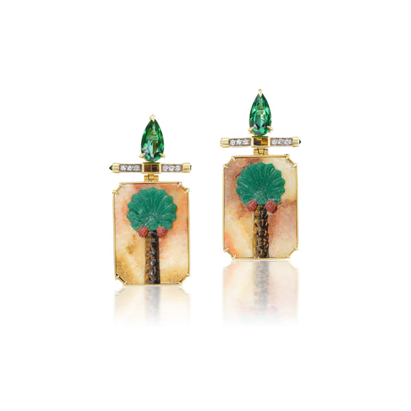 18k yellow gold Egypt Date palm tree earrings with diamonds and green tourmaline by Silvia Furmanovich Tiny Gods
