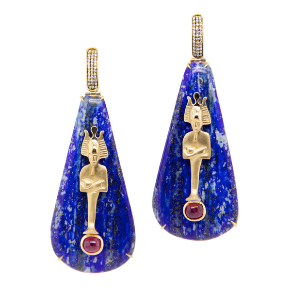 18k yellow gold Egypt lapis pharaoh earrings by Silvia Furmanovich Tiny Gods