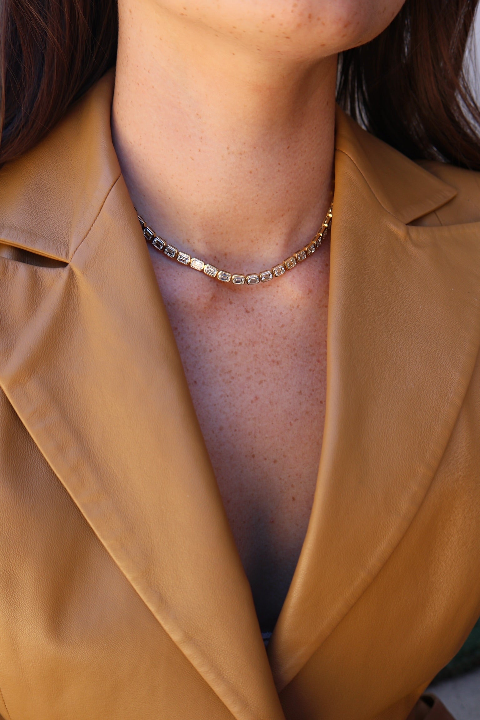 18k yellow gold emerald cut diamond bezel set riviera necklace by Tiny Gods 