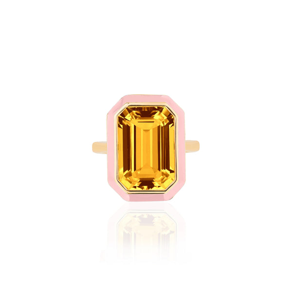 18k yellow gold emerald cut citrine ring with pink enamel border by Goshwara Tiny Gods