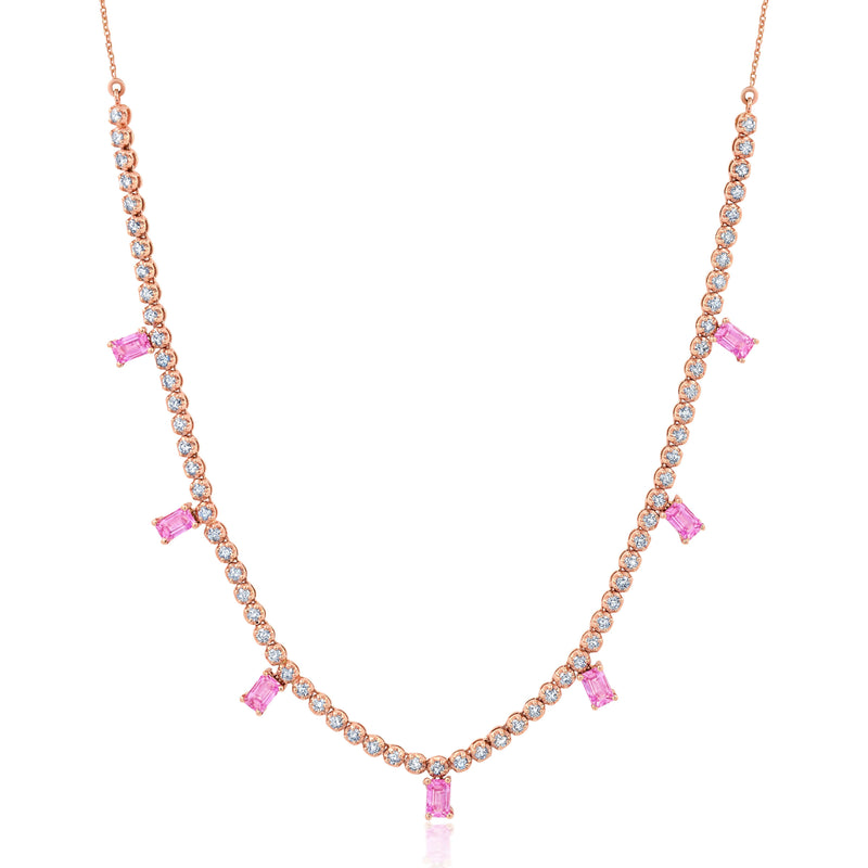 18k rose gold emerald cut pink sapphire and diamond necklace by Graziela Tiny Gods