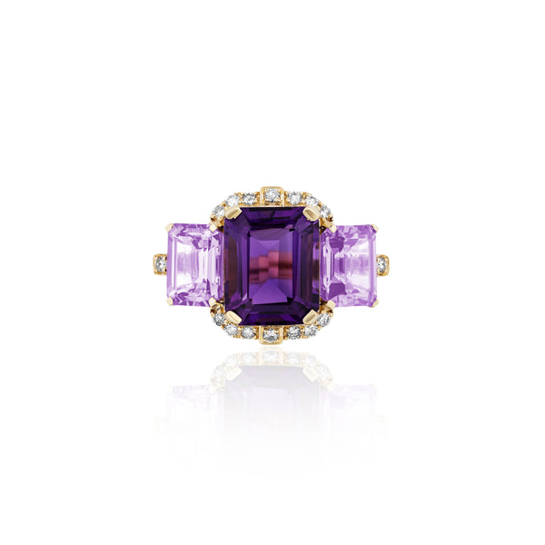 18k yellow gold 3 stone emerald cut amethyst and lavender amethyst purple diamond ring by Goshwara Tiny Gods