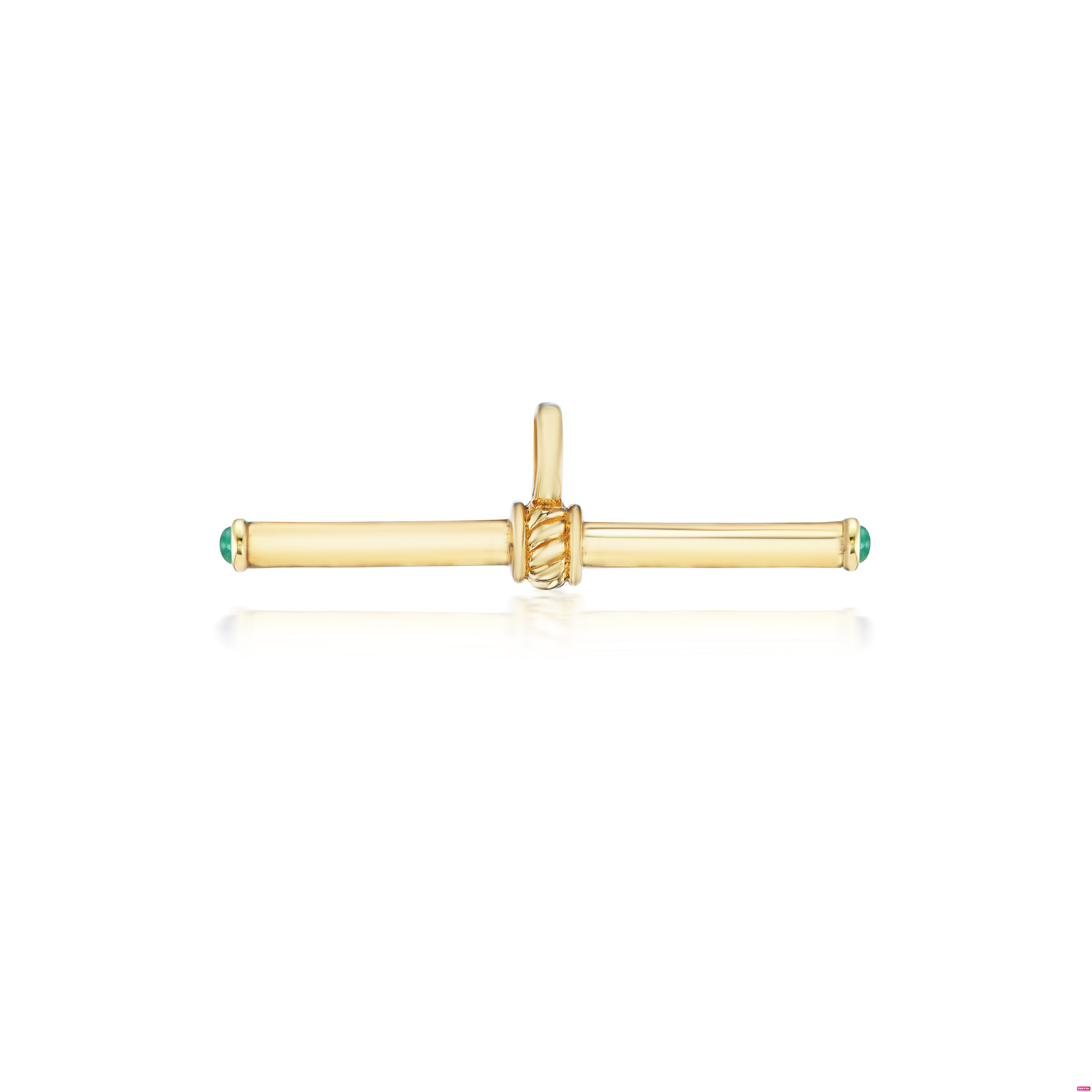 14k yellow gold plain gold t bar with emerald cabochon ends by Lucy Delius Tiny Gods 