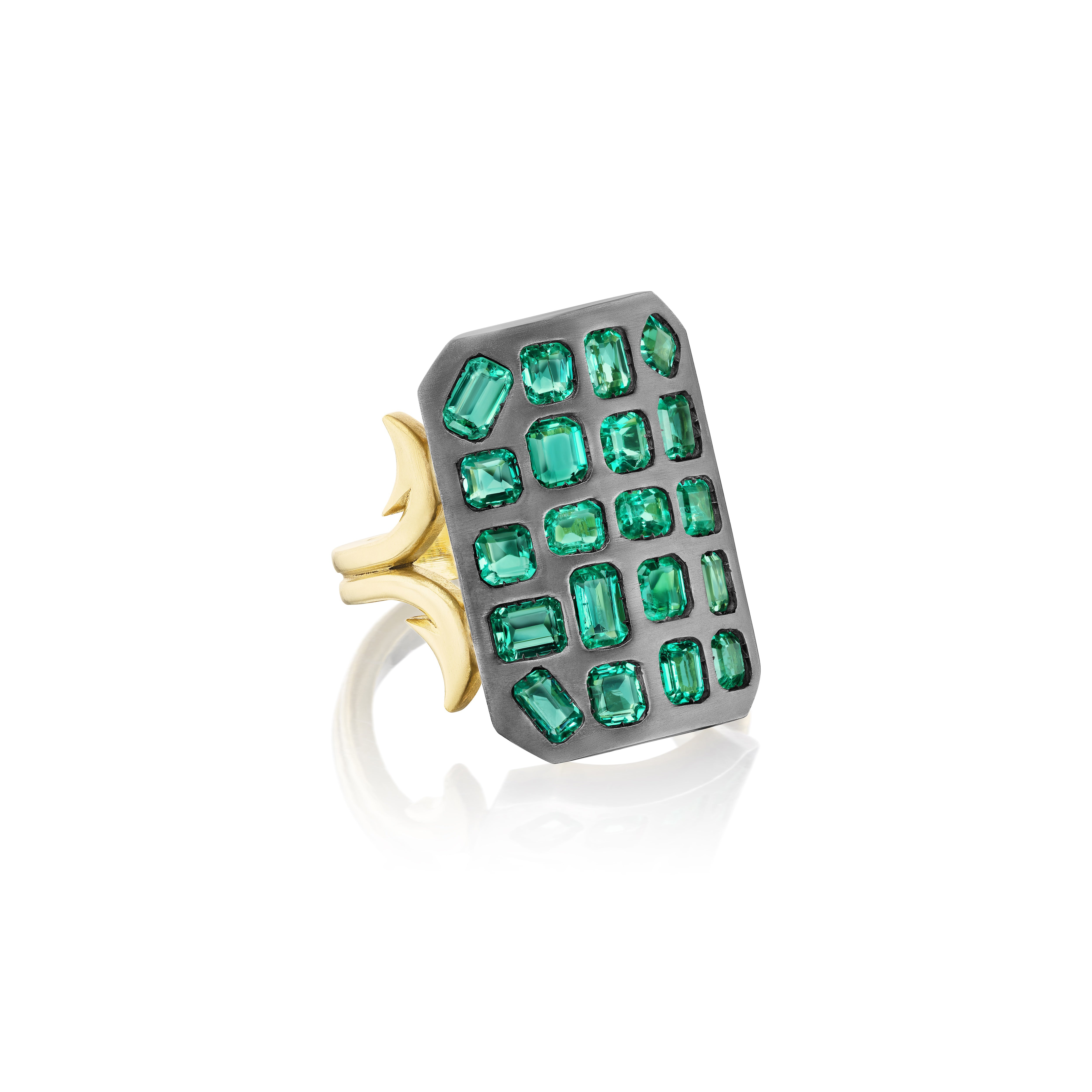 18k yellow gold oxidized sterling silver and emerald ten tables ring by Sylva Cie at Tiny Gods