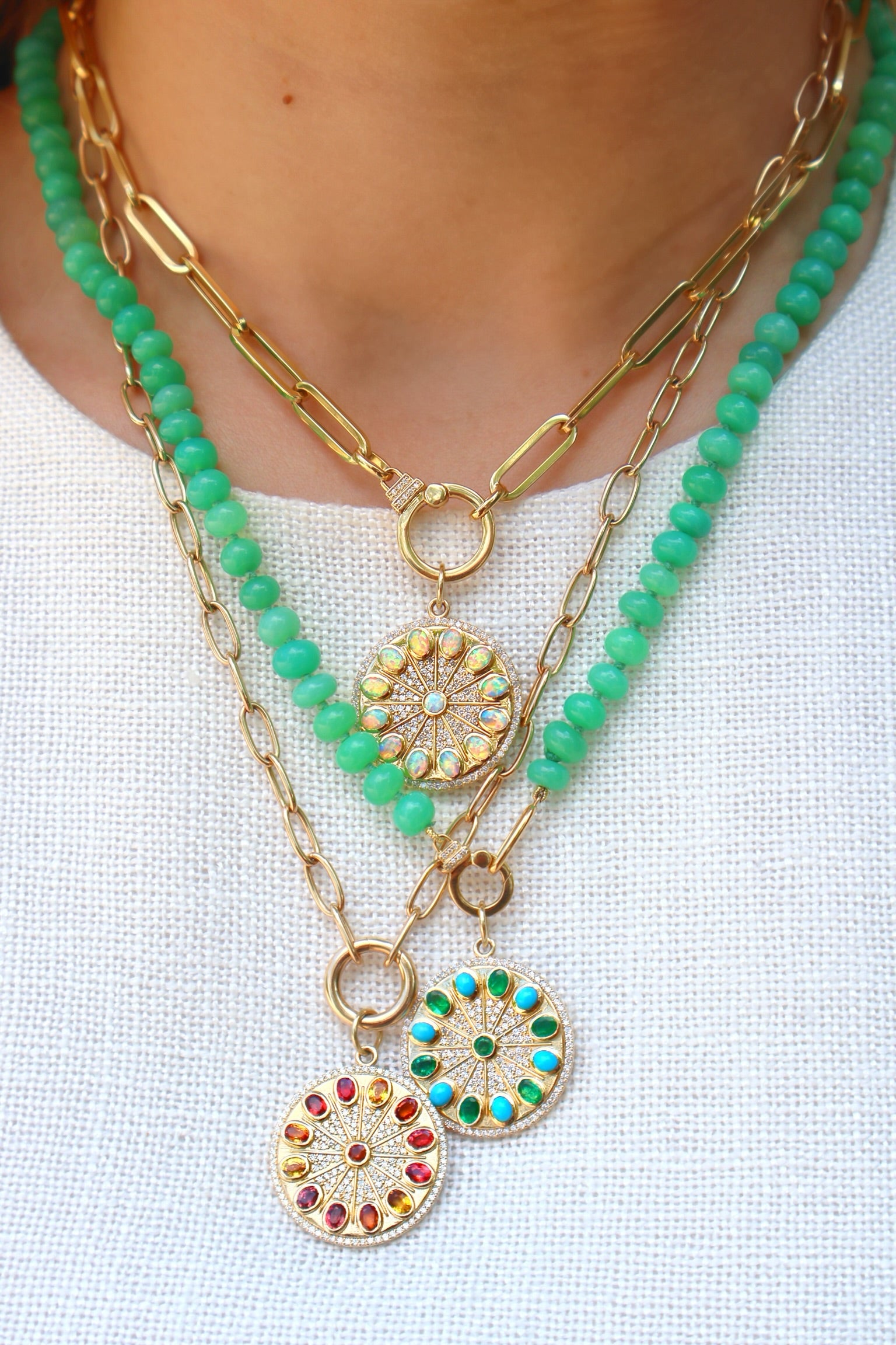 14k yellow gold emerald and turquoise serenity amulet charm by Lionheart Tiny Gods