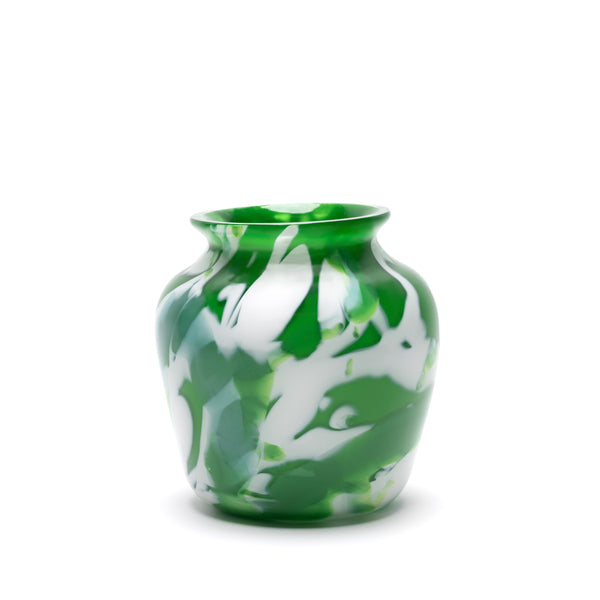 Emerald hand blown vase with white and teal strokes by Paul Arnhold Tiny Gods