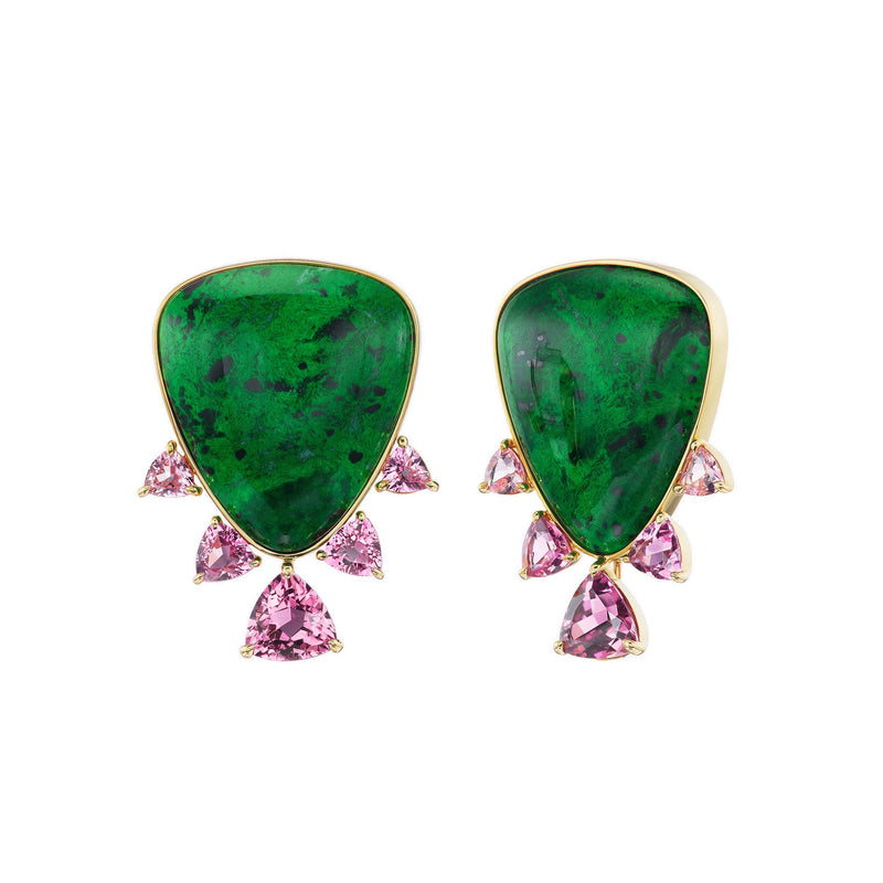 18k yellow gold jade and pink tourmaline hourglass earrings by Emily P. Wheeler Tiny Gods