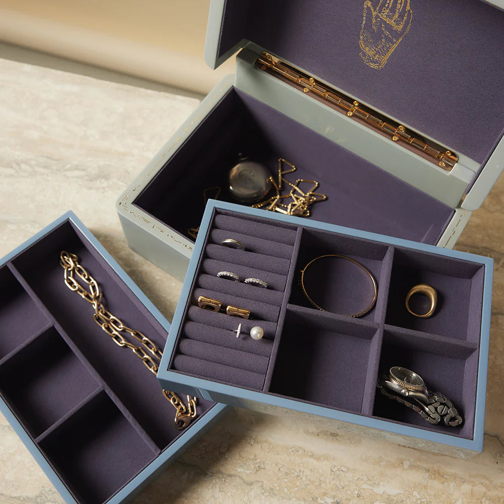 Evening blue large trunk jewelry box suede interior. two trays, separator by Trove Tiny Gods