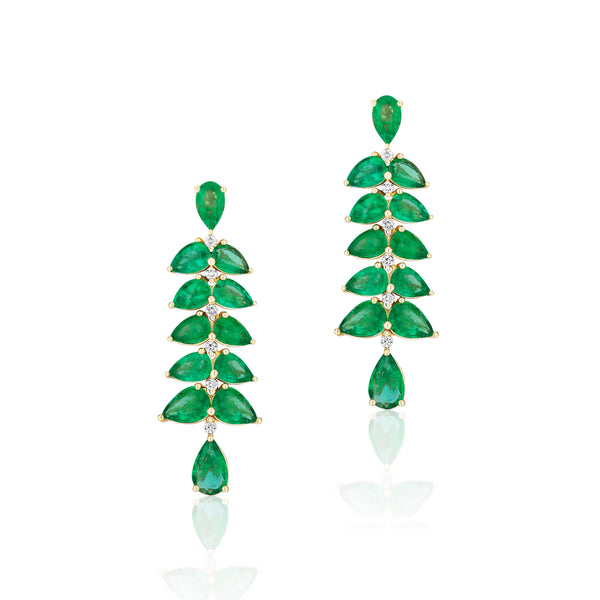 18k yellow gold faceted pear cut emerald dangle cascading earrings with diamonds by Goshwara Tiny Gods