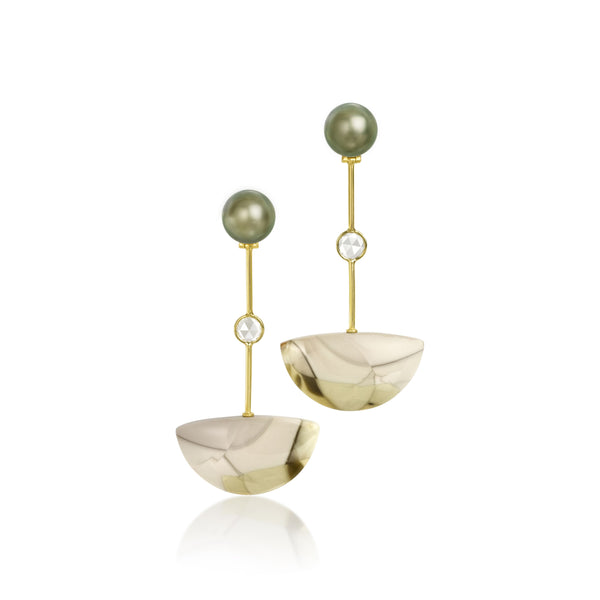 18k yellow gold Fiji grey pearl earrings with jasper and diamonds by Assael Tiny Gods