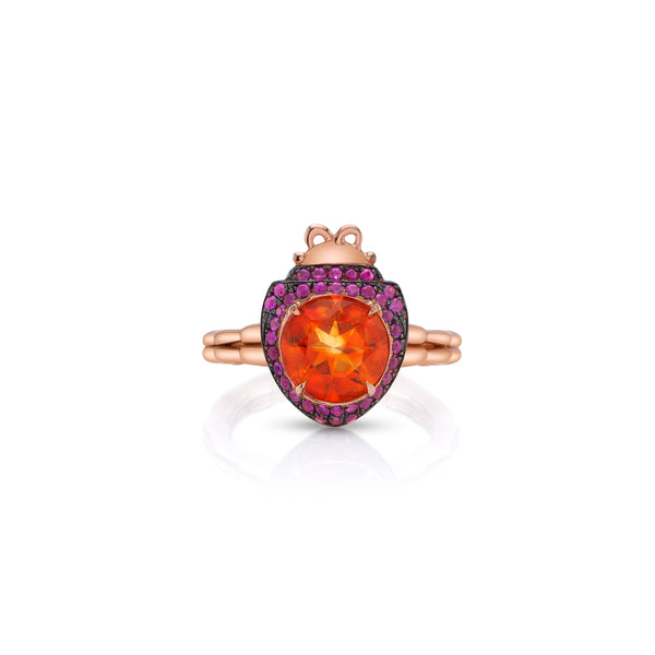 18k rose gold ladybug ring with fire opal and raspberry sapphire by Daniela Villegas Tiny Gods