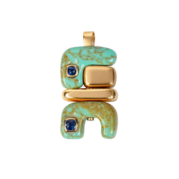 18k yellow gold fire totem with blue sapphire and turquoise by Joelle Kharrat Tiny Gods