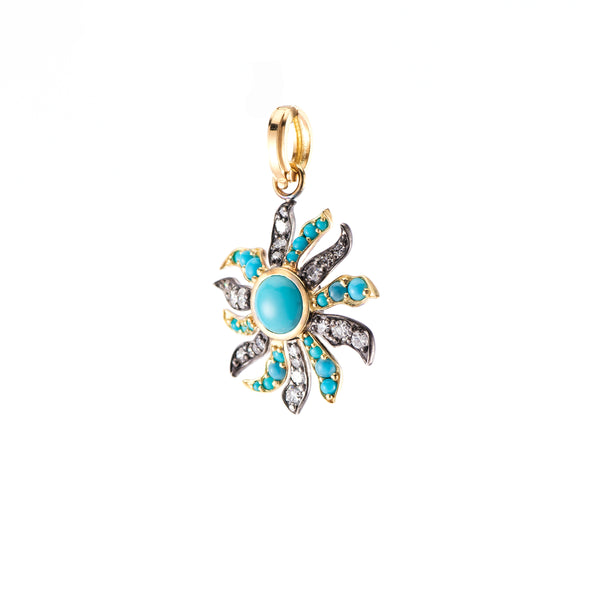 18k yellow gold platinum and sterling silver turquoise and diamond floral pendant by Sylva & Cie Tiny Gods