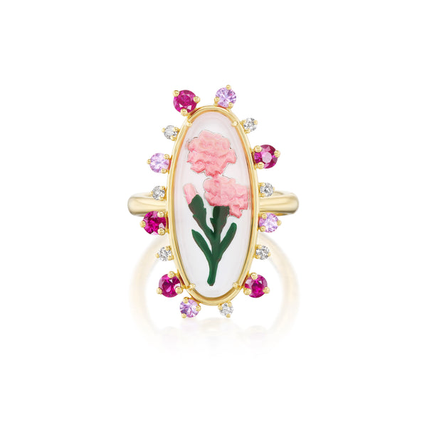 18k yellow gold ruby pink sapphire diamond Carnation Ring miniature painting flower ring Francesca villa at tiny gods