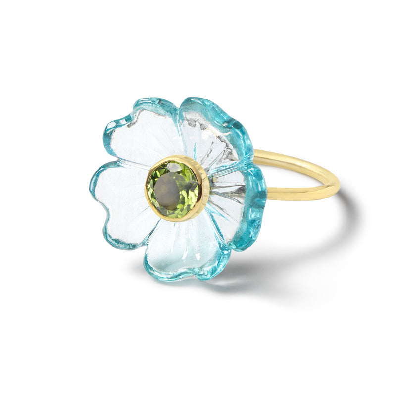 Small Aquamarine Flower Ring with Peridot 14k yellow gold Sophie Joanne Tiny Gods