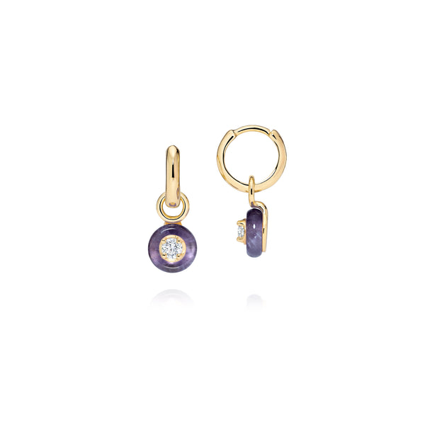 18k yellow gold frame hoop earrings with amethyst and diamonds by Sauer Tiny Gods